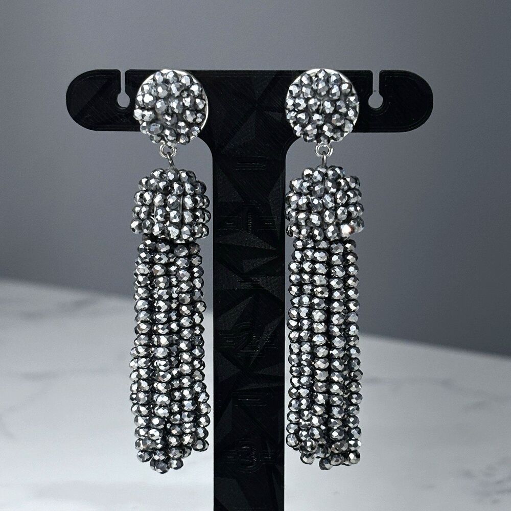 J Crew Earrings Beaded Tassel Dangle Statement Silver Tone Gunmetal Faceted